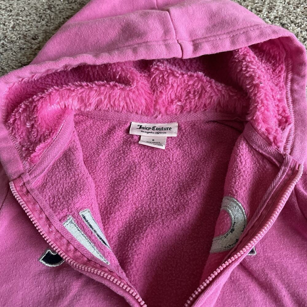 Juicy Couture Kids’ Pink Zip Up Hoodie Spellout Fuzzy Hood Size 6 Embroidered - Picture 9 of 15